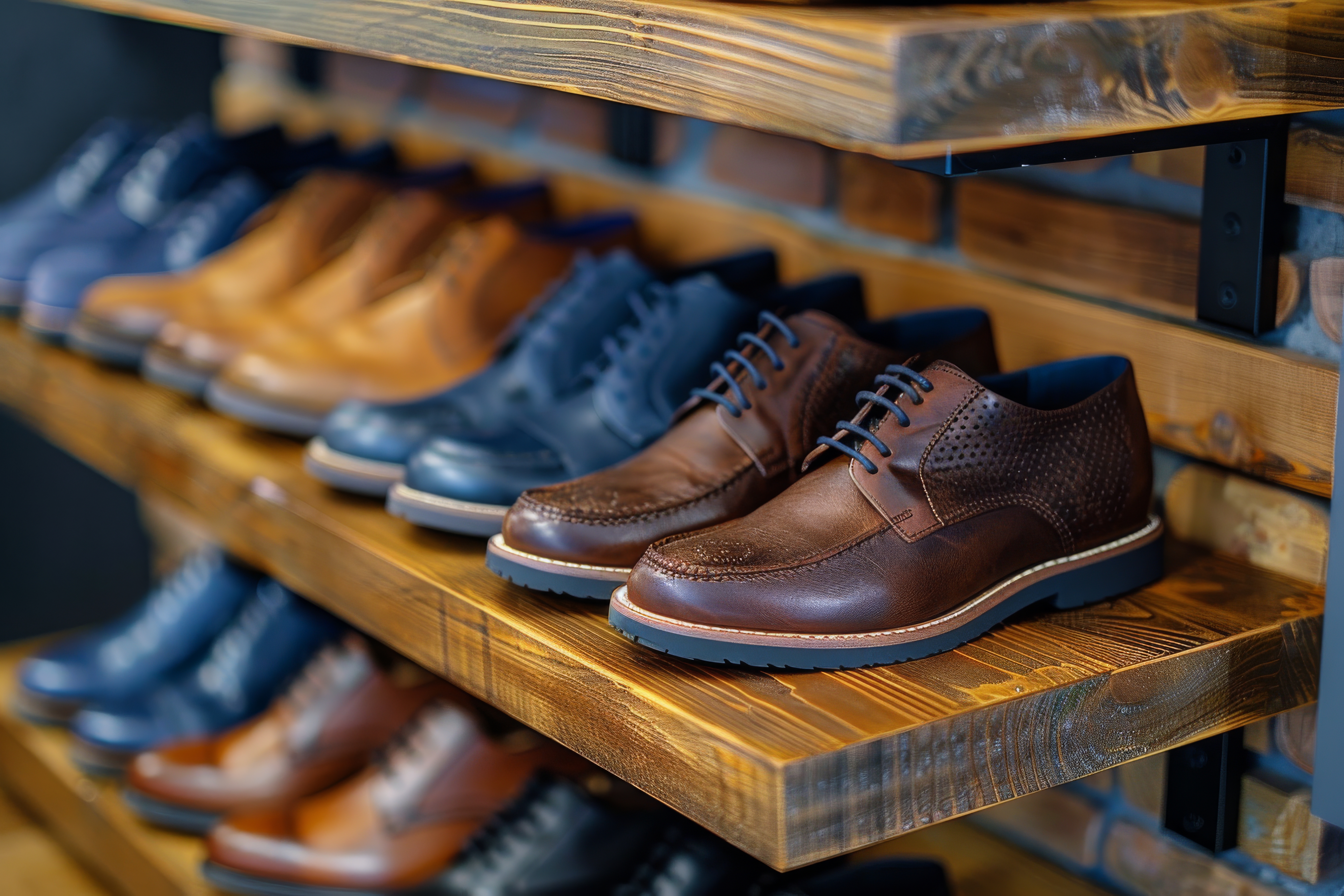 Assorted footwear collection across multiple categories displayed on a shelf