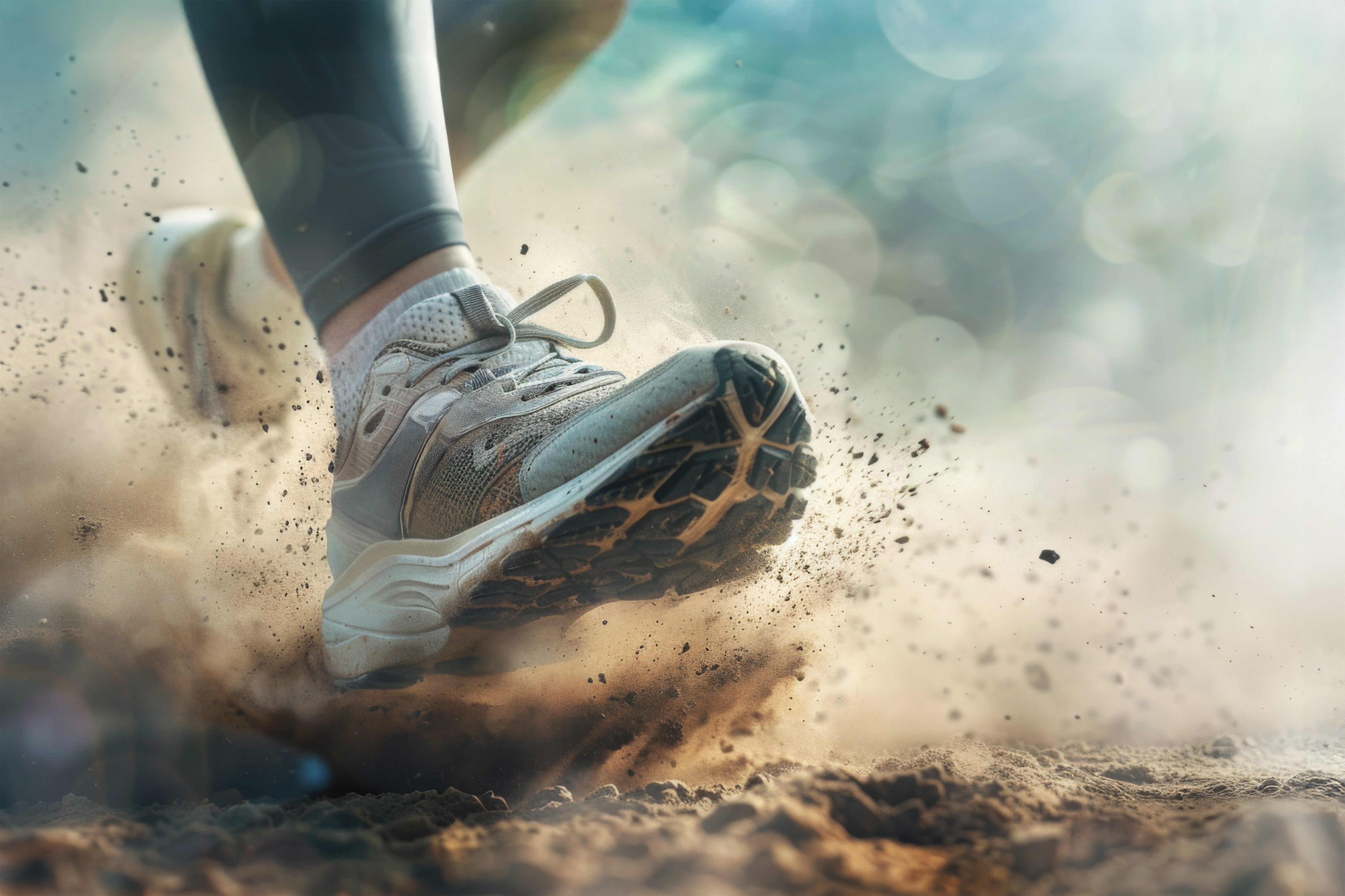 Close-up of trail running footwear in use