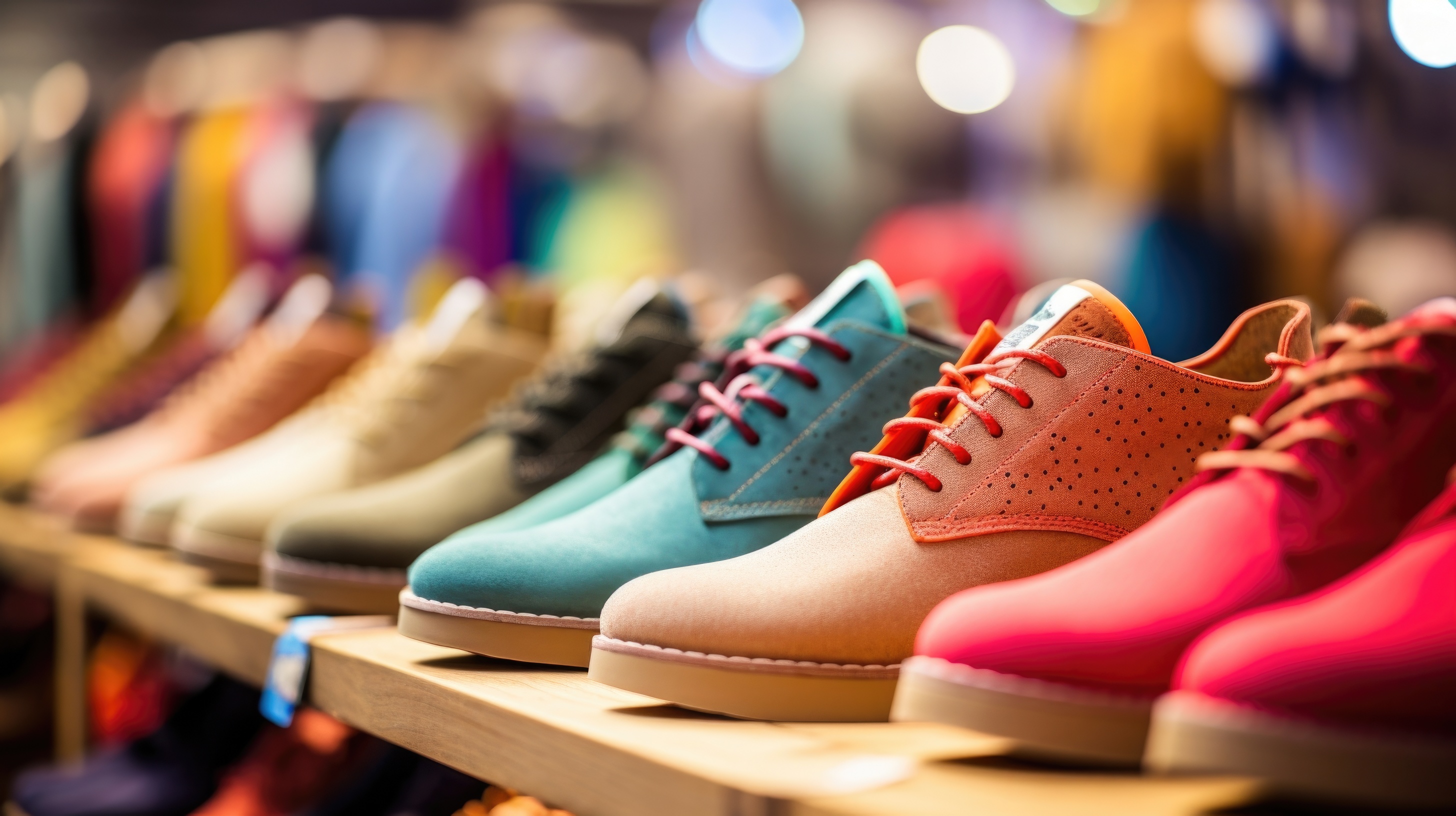 Sustainable footwear display made from upcycled materials representing brand range